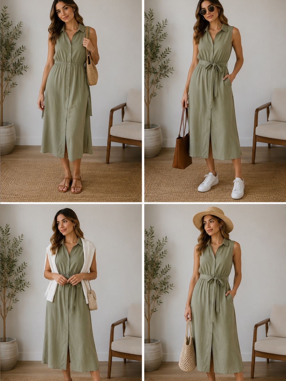 Banana Republic Olive Green Sleeveless Midi Shirt Dress lined.